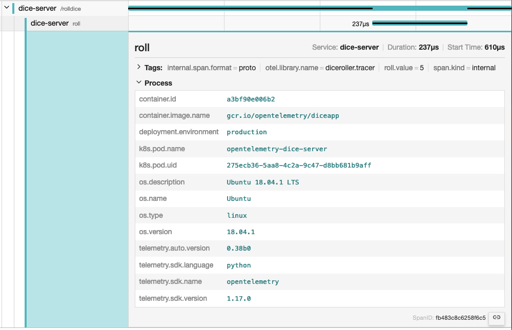 A screenshot from Jaeger showing an example output of resource attributes associated to a trace